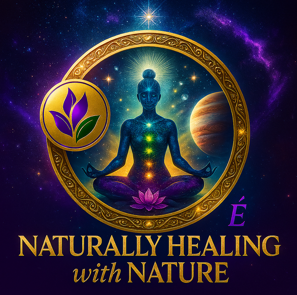 Éclat Life logo featuring a meditating figure with glowing chakras, purple lotus emblem, and the phrase “Naturally Healing with Nature”
